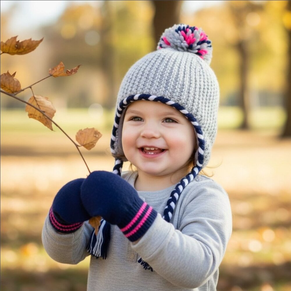 Carter’s ✦ Toddler Knit Hat & Mittens Set ✦ Pom & Tassels Gray/Navy 2T-4T NWT
